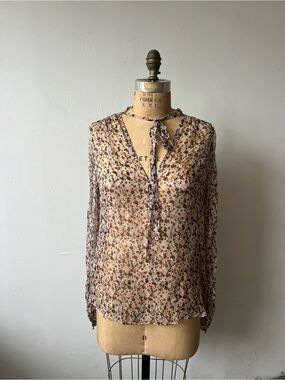 Theory Womens Silk Floral Tie Neck Sheer Blouse Multicolor Long Sleeve Size M